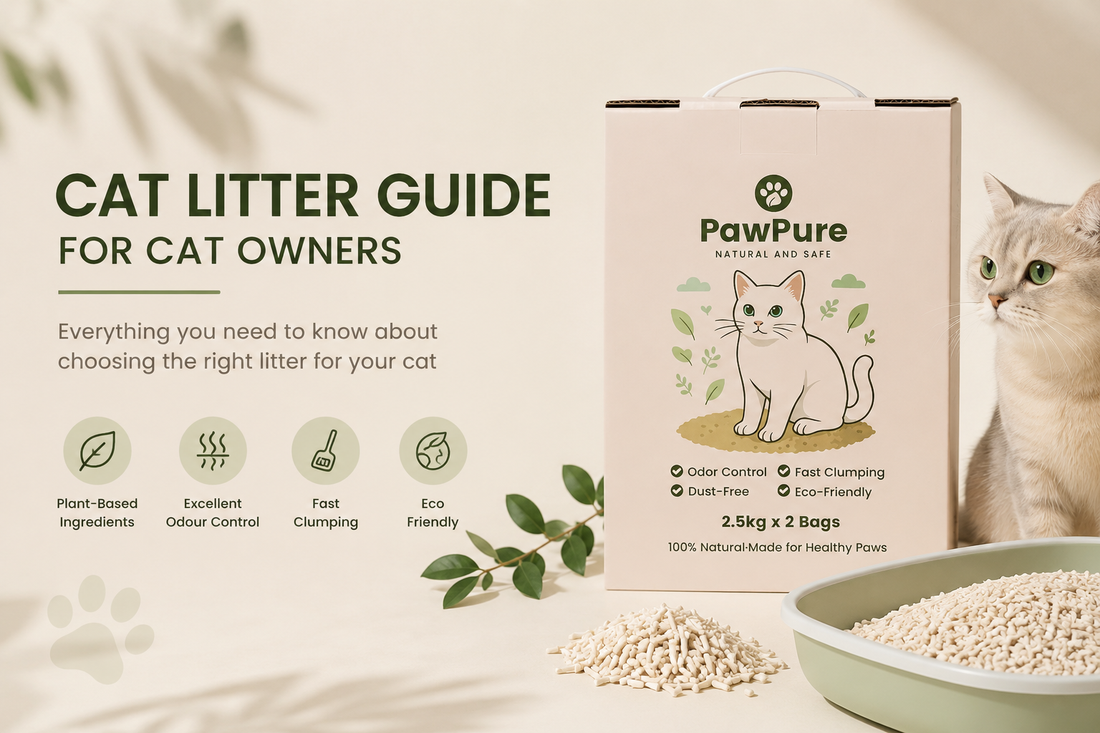 PawPure cat litter guide featuring cat litter comparison and product imagery