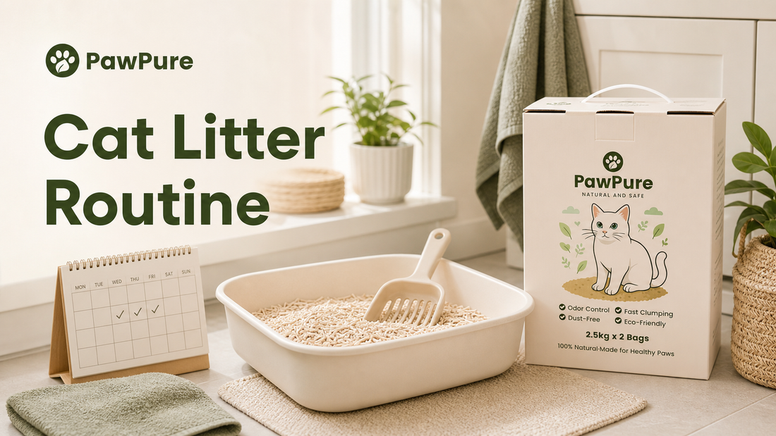 PawPure cat litter routine guide with litter tray, scoop and plant-based clumping cat litter