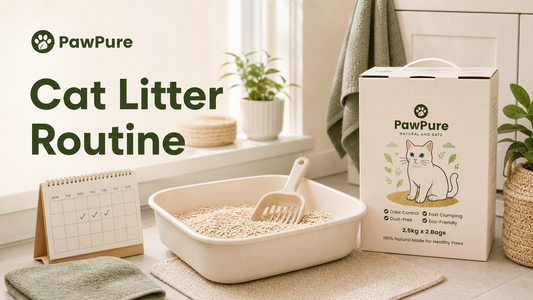 PawPure cat litter routine guide with litter tray, scoop and plant-based clumping cat litter