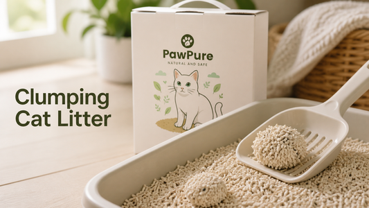 PawPure clumping cat litter guide with realistic litter granules and scoop