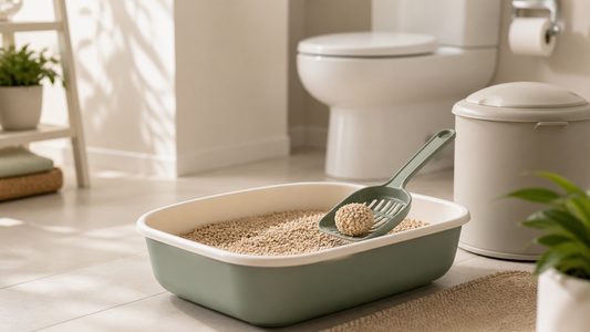 Cat litter tray, scoop and bathroom setting for flushable cat litter guidance