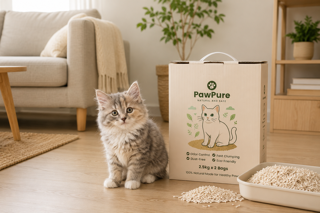PawPure indoor cat litter guide with cat and plant-based cat litter product