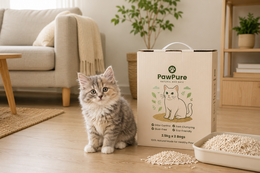 PawPure indoor cat litter guide with cat and plant-based cat litter product