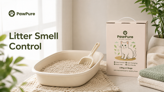 PawPure cat litter smell control guide with clean litter tray and scoop