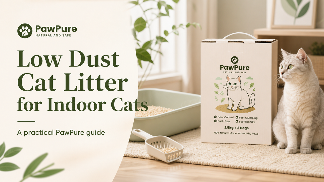 PawPure low dust cat litter guide cover with cat litter bag, indoor cat and litter tray