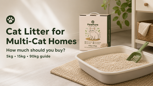 PawPure cat litter for multi-cat homes guide with litter tray and scoop