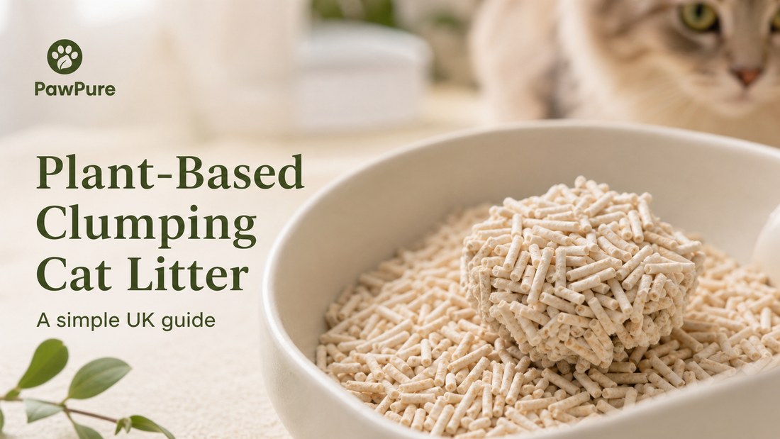 Plant-based clumping cat litter guide with realistic tofu-style litter clump