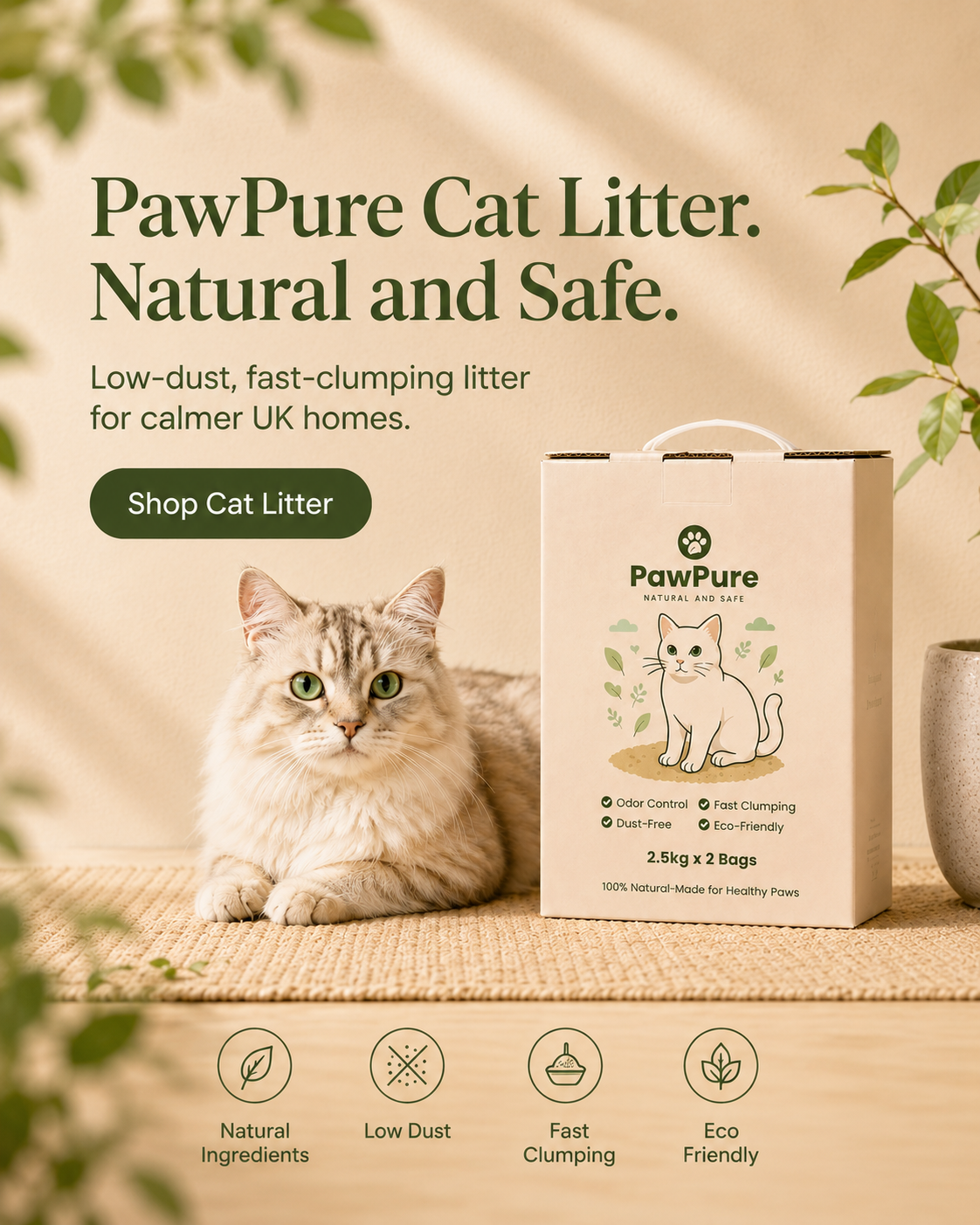PawPure cat litter mobile homepage hero with cat and packaging