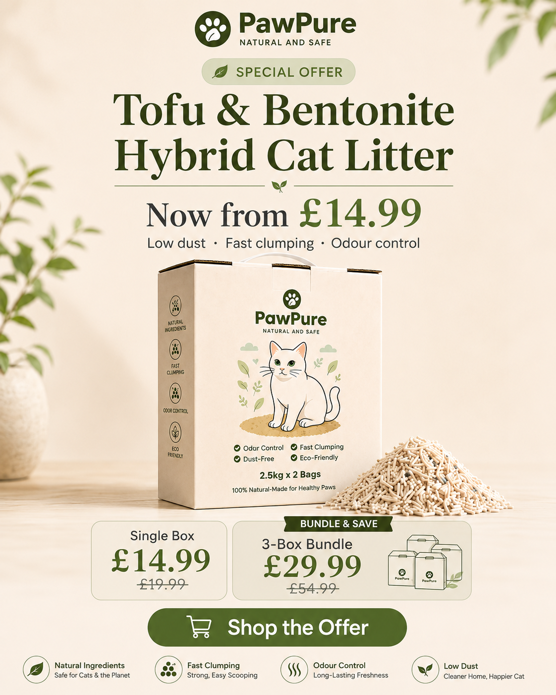 PawPure Tofu and Bentonite Hybrid Cat Litter mobile special offer