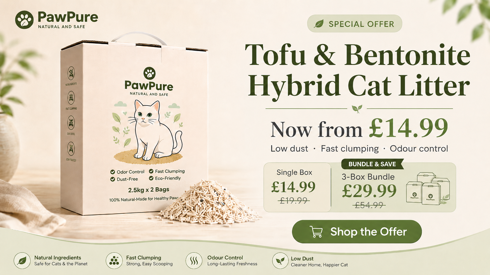 PawPure Tofu & Bentonite Hybrid Cat Litter special offer with single box and 3-box bundle savings